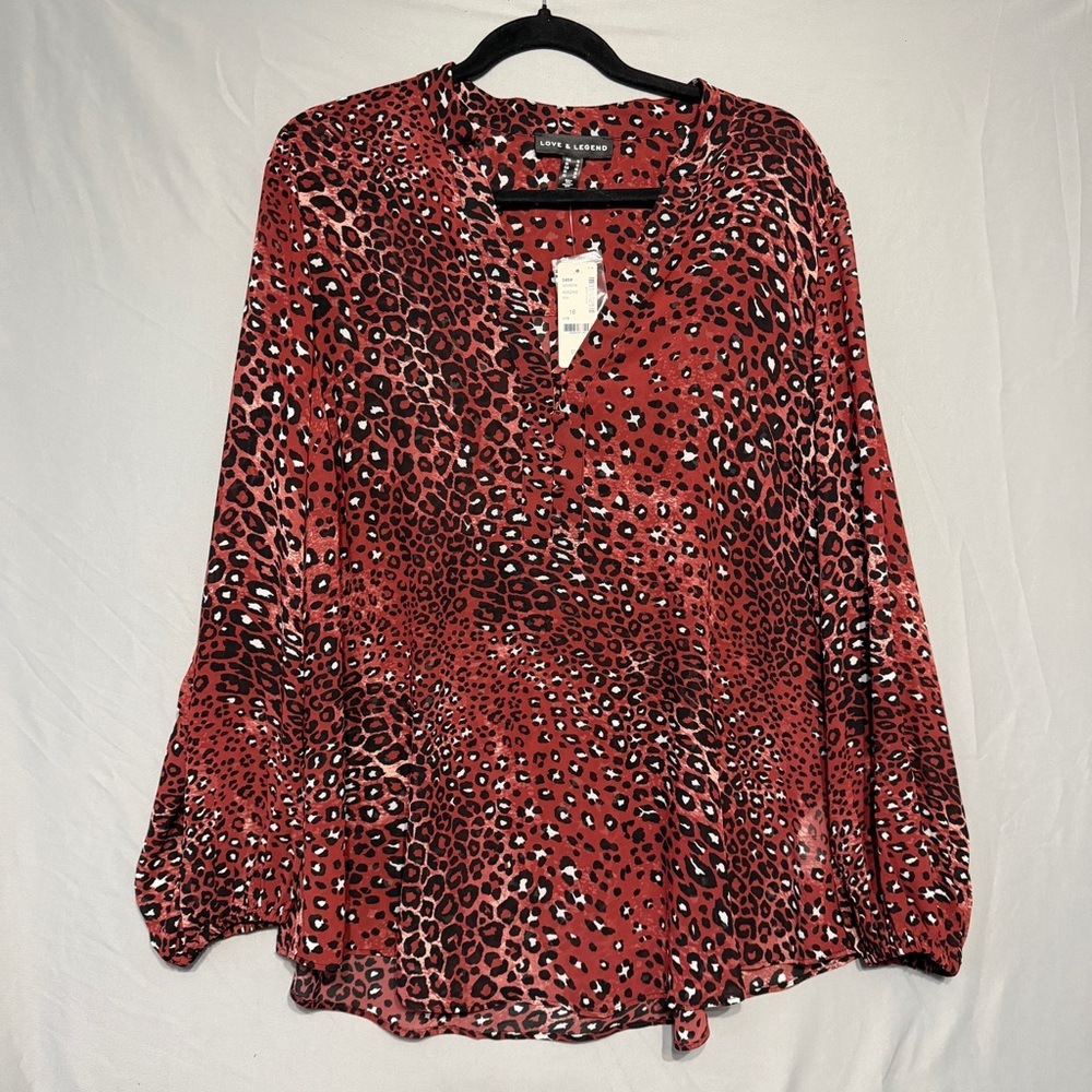 Love & Legend Womens Leopard Print Button V Neck Blouse Size 16 Red Sheer Flowy